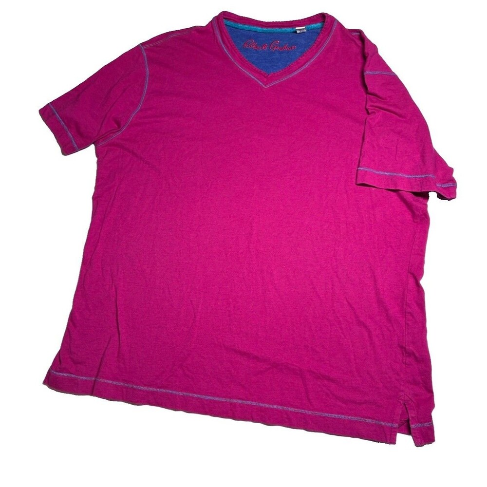 Robert Graham W sz XL V-Neck Short Sleeve red T-Shirt blue top stitch Cotton